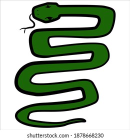 Vector green snake on white isolate. Simple crawling character. Viper drew in doodle style. Logo for a group about Herpetology.