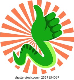 Vector green snake stylized as a like sign. Snake is a positive symbol. Design element for postcards and posters. Print design element on transparent background. Vector logo