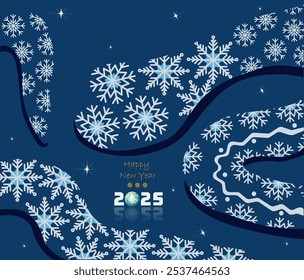 vector green snake symbol of the New Year, the body of which is decorated with various carved snowflakes, is on a dark blue background with highlights and an inscription with a precious stone