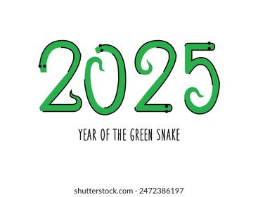 Vector green snakes. Stylized illustration with Snake Chinese Zodiac sign, Symbol of 2025 on  Chinese Lunar calendar, isolated. New Year of green wood Snake. Greeting card template for spring festival