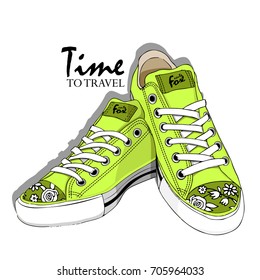 Vector green sneakers with flowers.