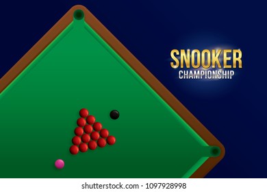 Vector of green snooker table with balls and wood cue from top view.