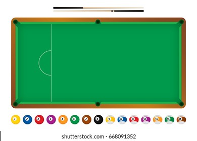 Vector of green snooker table with balls and wood cue from top view.