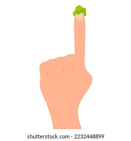 Vector green snot on hand on white background. Snot on finger in cartoon style. Vector illustration