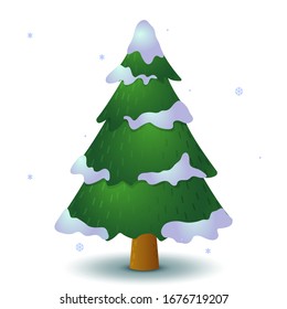 Vector green snowy coniferous tree. Game UI flat. Stylized spruce for logo design, decorating clothes, build 2D games or postcards. Isolated stock illustration on white background.