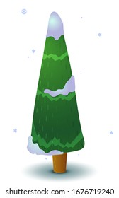 Vector green snowy coniferous tree. Game UI flat. Stylized spruce for logo design, decorating clothes, build 2D games or postcards. Isolated stock illustration on white background.