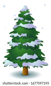 Vector green snowy coniferous tree. Game UI flat. Stylized spruce for logo design, decorating clothes, build 2D games or postcards. Isolated stock illustration on white background.