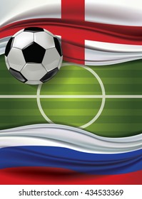 Vector of green soccer filed with A soccer ball and England flag visit Russia flag. European football championship concept. The match between the national teams of England against Russia.