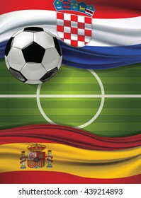 Vector of green soccer filed with A soccer ball and Croatia flag visit Spain flag. European football championship concept. The match between the national teams of Croatia against Spain.