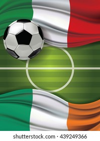 Vector of green soccer filed with A soccer ball and Italy flag visit Ireland flag. European football championship concept. The match between the national teams of Italy against Ireland.