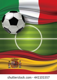 Vector of green soccer filed with A soccer ball and Italy flag visit Spain flag. European football championship concept. The match between the national teams of Italy against Spain.