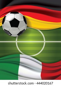 Vector of green soccer filed with A soccer ball and Germany flag visit Italy flag. European football championship concept. The match between the national teams of France against Iceland.