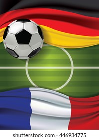 Vector of green soccer filed with A soccer ball and Germany flag visit France flag. European football championship concept. The match between the national teams of Germany against France.