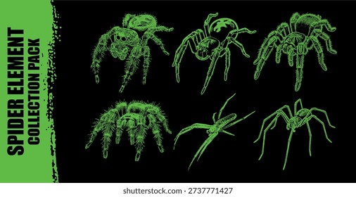 Vector green spider sketches collection pack on a black background illustration. neo spider streetwear element