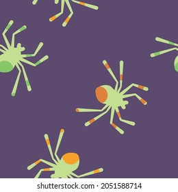Vector Green Spiders with Orange on Purple seamless pattern background. Perfect for fabric, scrapbooking and wallpaper projects.