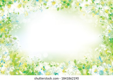 Vector  Green, Spring  Background.  Floral Border On Bokeh Background.