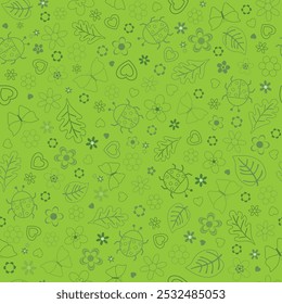 Vector green spring floral butterfly ladybird beetle seamless pattern background. Use for fabric, wallpaper, invitations design and scrapbooking projects.