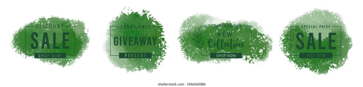 Vector green spring watercolor spots background with brush paint spray for banner new collection,sale discount special price,cover design template social media,bio eco logo,organic sign,nature symbol