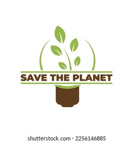 vector green sprout with petals. lettering save the planet with tree in flat style
