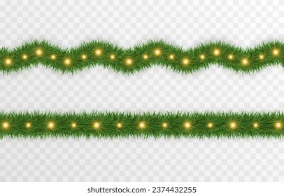 Vector green spruce branches png. Fir branches are decorated with a garland. Green Christmas tinsel png. Christmas decoration.