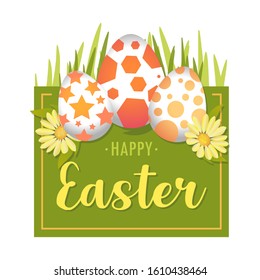 Vector green square illustration Happy Easter background with realistiс three eggs with a pattern, color, grass and lettering inscription.  Easter card, poster, invitation, banner. 