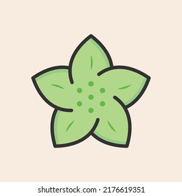 Vector green star flower iconic illustration with five petals and stamen seed dots.