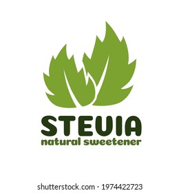 Vector green stevia leaves label. Natural organic stevia sweetener substitute isolated on white background. Eco icon for symbol, poster, badge, packaging design. Vector 10 eps