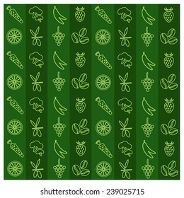 Vector green striped background with vegetables and fruit