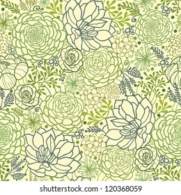 Vector Green Succulent Plants Seamless Pattern Background Texture With hand drawn doodle seaweed.