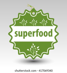 vector green superfood round stamp tag label with string and bead and with white silhouette of plant