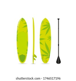 Tabla de surf verde vectorial con un patrón de marihuana. tres lados.