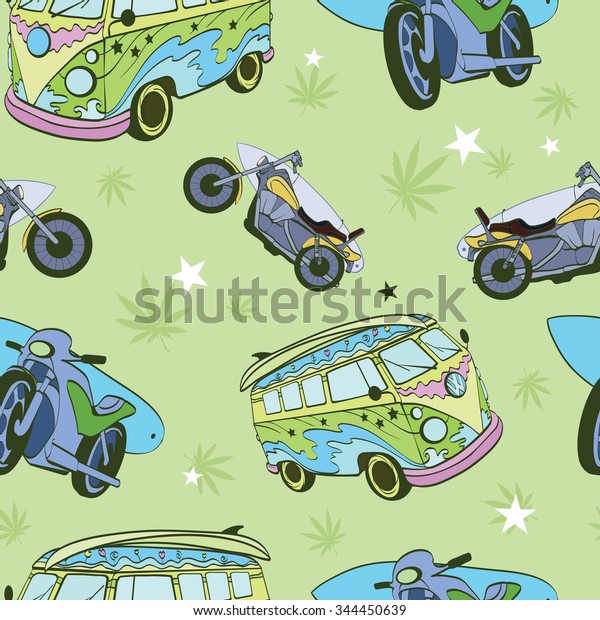 Vector Green\
Surfboards On Hippie Bus Motorcylces Seamless Pattern. Bike.\
Vacation. Surfing. Hawaii.\
California.