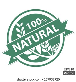 Vector : Etiqueta verde, adhesivo, etiqueta o distintivo para información de producto o producto saludable presente en un 100 por ciento y cinta natural con signo de cultivo, cereales o granos aislados en fondo blanco 