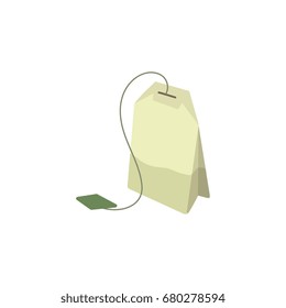 Vector green tea bag flat isolated illustration on a white background. Cartoon herbal tea bag. Healthy beverage, lifestyle concept