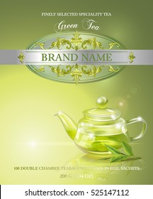 Pancarta de té verde vectorial con tetera transparente y hojas de té. Diseño para empaque, menú de bebidas y productos de té. Sólo se utilizan fuentes libres. Nombres de fuentes incluidos en las capas.