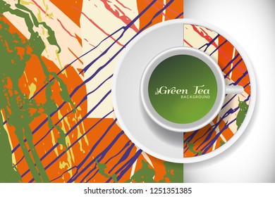 Vector Green Tea Cup with trendy modern painting on a saucer and Abstract art background. Grunge texture for business coffee break concept, interior decoration, tea shop, restaurant menu