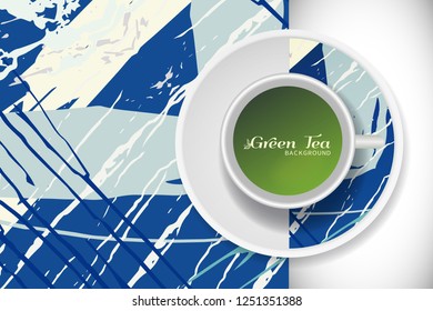 Vector Green Tea Cup with trendy modern painting on a saucer and Abstract art background. Grunge texture for business coffee break concept, interior decoration, tea shop, restaurant menu