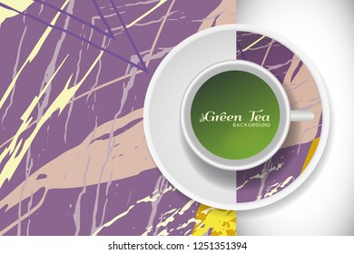 Vector Green Tea Cup with trendy modern painting on a saucer and Abstract art background. Grunge texture for business coffee break concept, interior decoration, tea shop, restaurant menu
