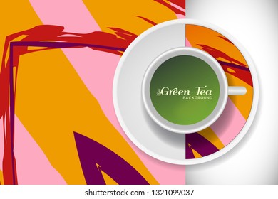 Vector Green Tea Cup with trendy modern painting on a saucer and Abstract art background. Grunge texture for business coffee break concept, interior decoration, tea shop, restaurant menu