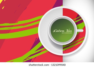 Vector Green Tea Cup with trendy modern painting on a saucer and Abstract art background. Grunge texture for business coffee break concept, interior decoration, tea shop, restaurant menu