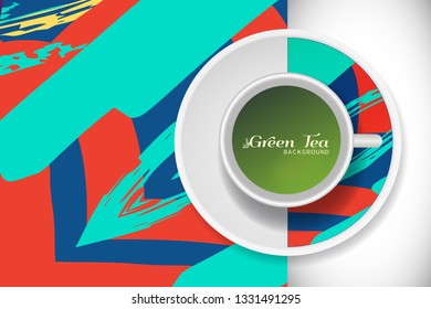 Vector Green Tea Cup with trendy modern painting on a saucer and Abstract art background. Grunge texture for business coffee break concept, interior decoration, tea shop, restaurant menu