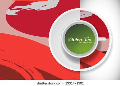 Vector Green Tea Cup with trendy modern painting on a saucer and Abstract art background. Grunge texture for business coffee break concept, interior decoration, tea shop, restaurant menu