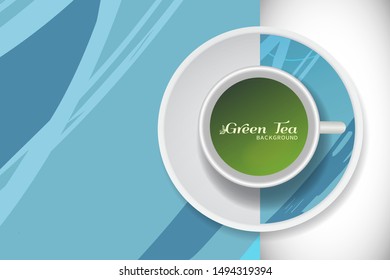 Vector Green Tea Cup with trendy modern painting on a saucer and Abstract art background. Grunge texture for business coffee break concept, interior decoration, tea shop, restaurant menu