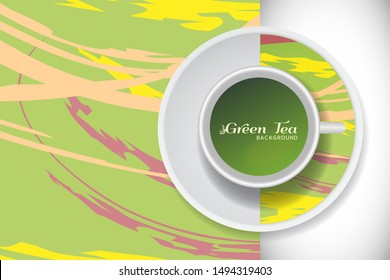 Vector Green Tea Cup with trendy modern painting on a saucer and Abstract art background. Grunge texture for business coffee break concept, interior decoration, tea shop, restaurant menu