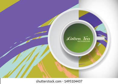 Vector Green Tea Cup with trendy modern painting on a saucer and Abstract art background. Grunge texture for business coffee break concept, interior decoration, tea shop, restaurant menu