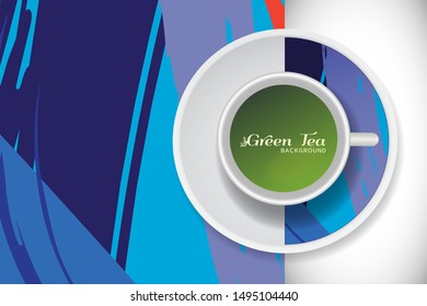 Vector Green Tea Cup with trendy modern painting on a saucer and Abstract art background. Grunge texture for business coffee break concept, interior decoration, tea shop, restaurant menu