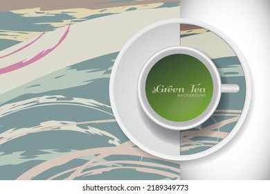 Vector Green Tea Cup with trendy modern painting on a saucer and Abstract art background. Grunge texture for business coffee break concept, interior decoration, coffee shop, restaurant menu
