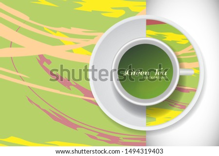 Vector Green Tea Cup with trendy modern painting on a saucer and Abstract art background. Grunge texture for business coffee break concept, interior decoration, tea shop, restaurant menu