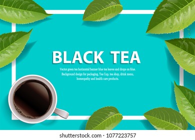 Vector green tea horizontal banner blue tea leaves and drops on leaves. Background design for packaging, Tea Cup, tea shop, drink menu, homeopathy and health care products.