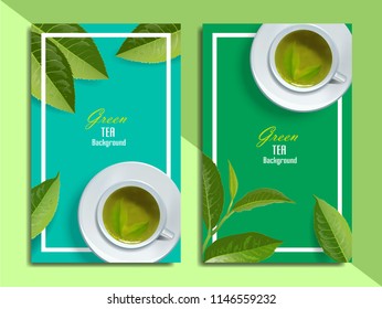 Vector green tea horizontal banner blue tea leaves and drops on leaves. Background design for packaging, Tea Cup, tea shop, drink menu, homeopathy and health care products.